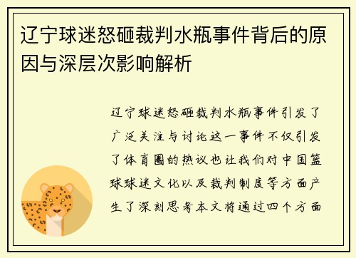 辽宁球迷怒砸裁判水瓶事件背后的原因与深层次影响解析 辽宁球迷怒砸裁判水瓶事件背后的原因与深层次影响解析
