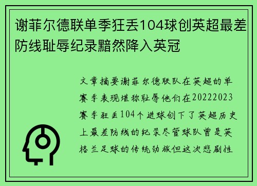 谢菲尔德联单季狂丢104球创英超最差防线耻辱纪录黯然降入英冠