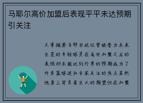 马耶尔高价加盟后表现平平未达预期引关注